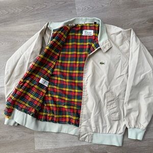 Vintage 80s Izod Lacoste Mens Beige Harrington Jacket Medium Plaid Lining